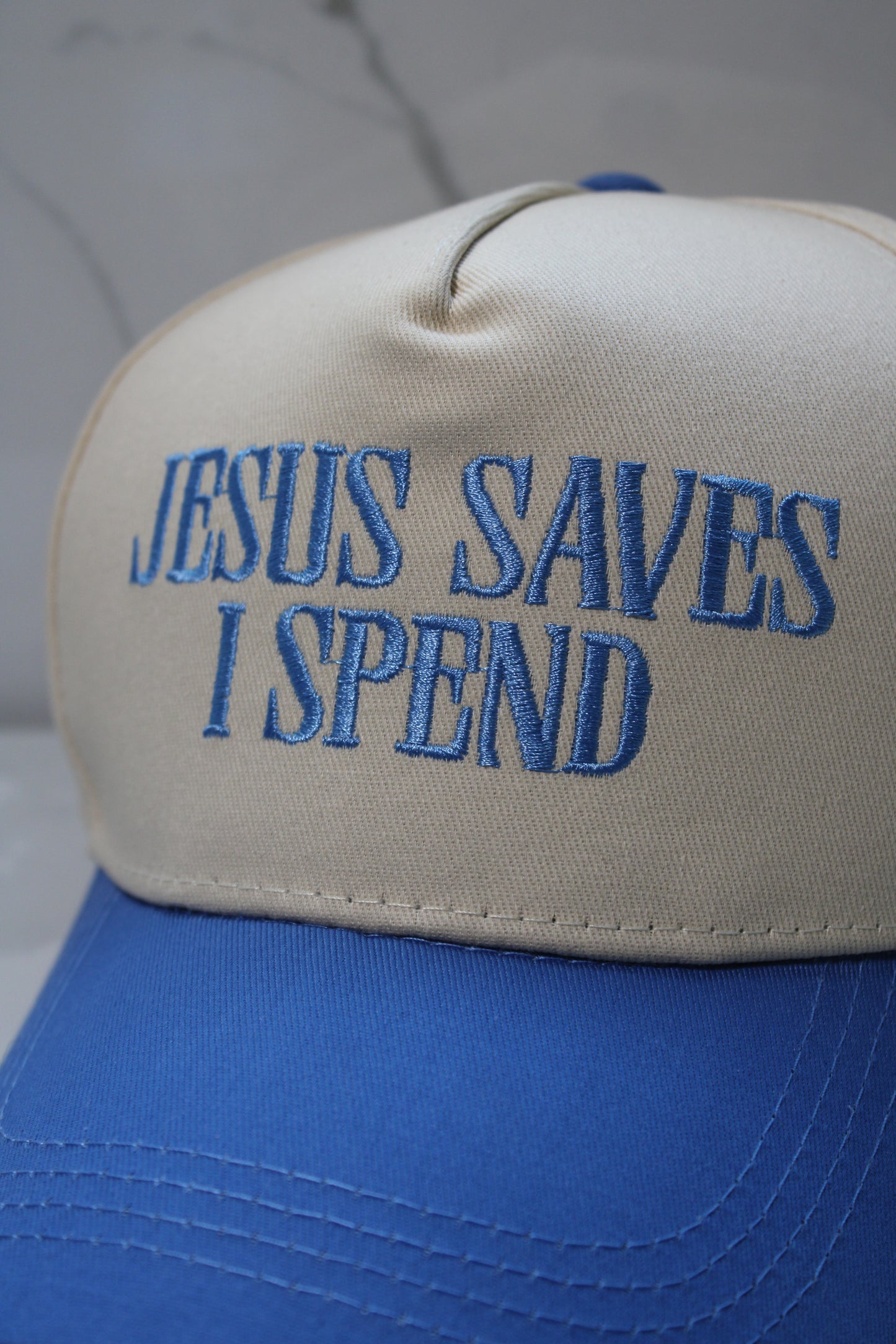 Jesus Saves I Spend Hat (BLUE)