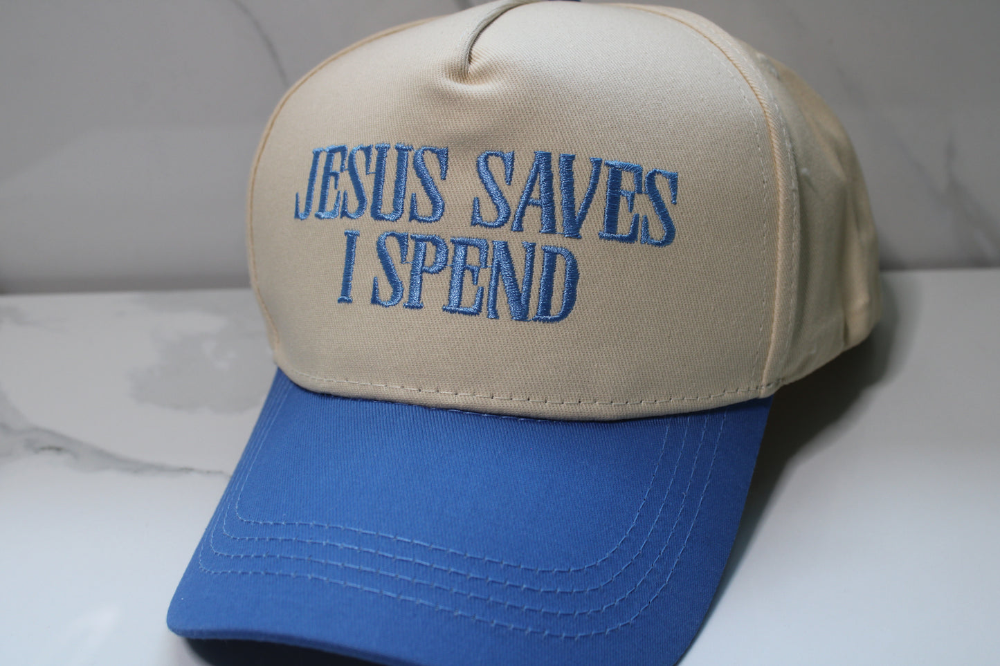 Jesus Saves I Spend Hat (BLUE)